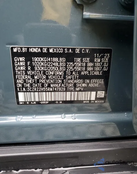 2024 Honda Hr-V Sport z USA, uszkodzony, nr VIN 3CZRZ2H55RM747929